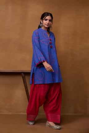 Blue Bandhani Printed Kurta & Red Farsi Salwar Co-ord Set