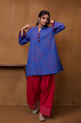 Blue Bandhani Printed Kurta & Red Farsi Salwar Co-ord Set