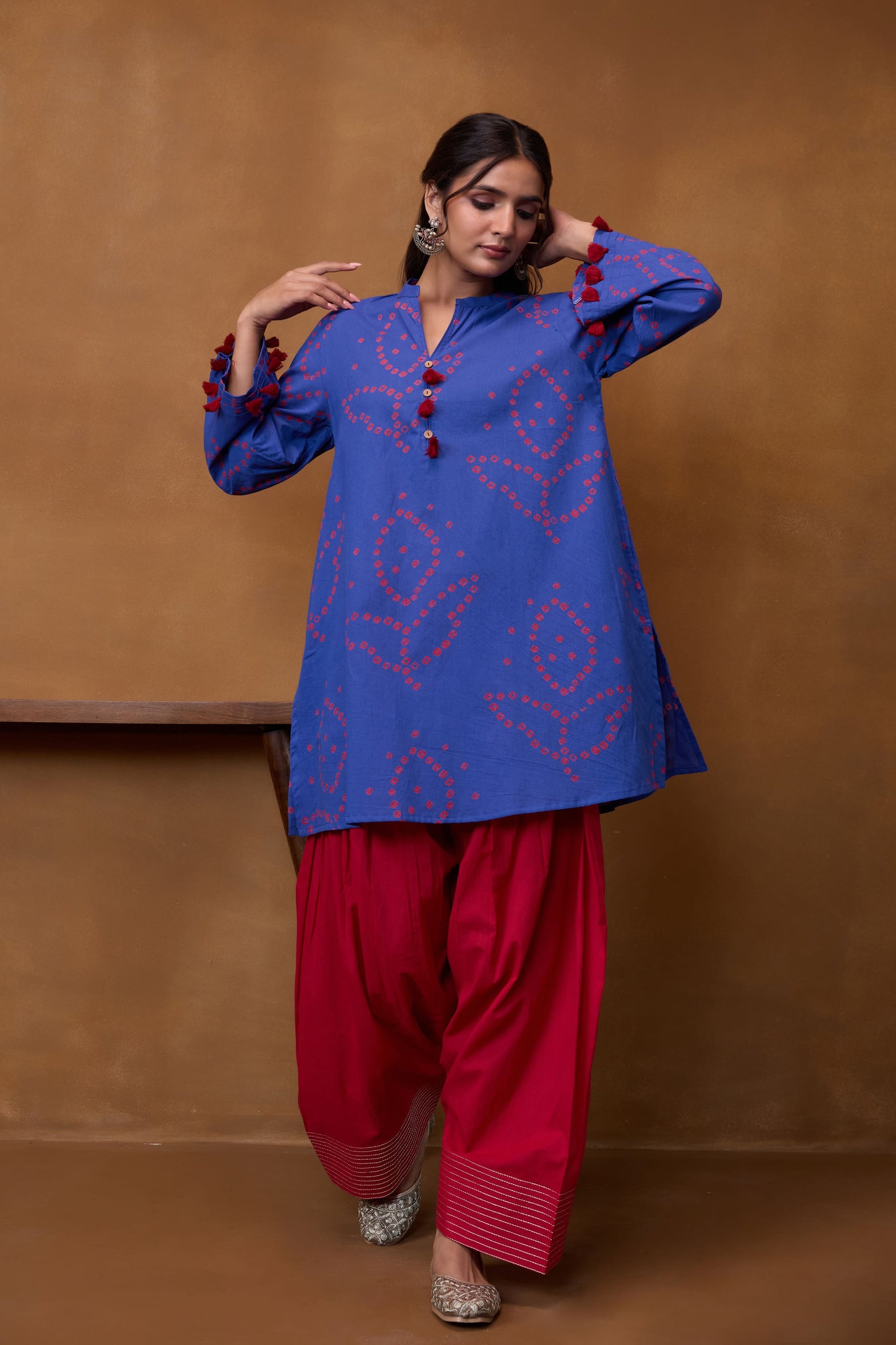 Blue Bandhani Printed Kurta & Red Farsi Salwar Co-ord Set
