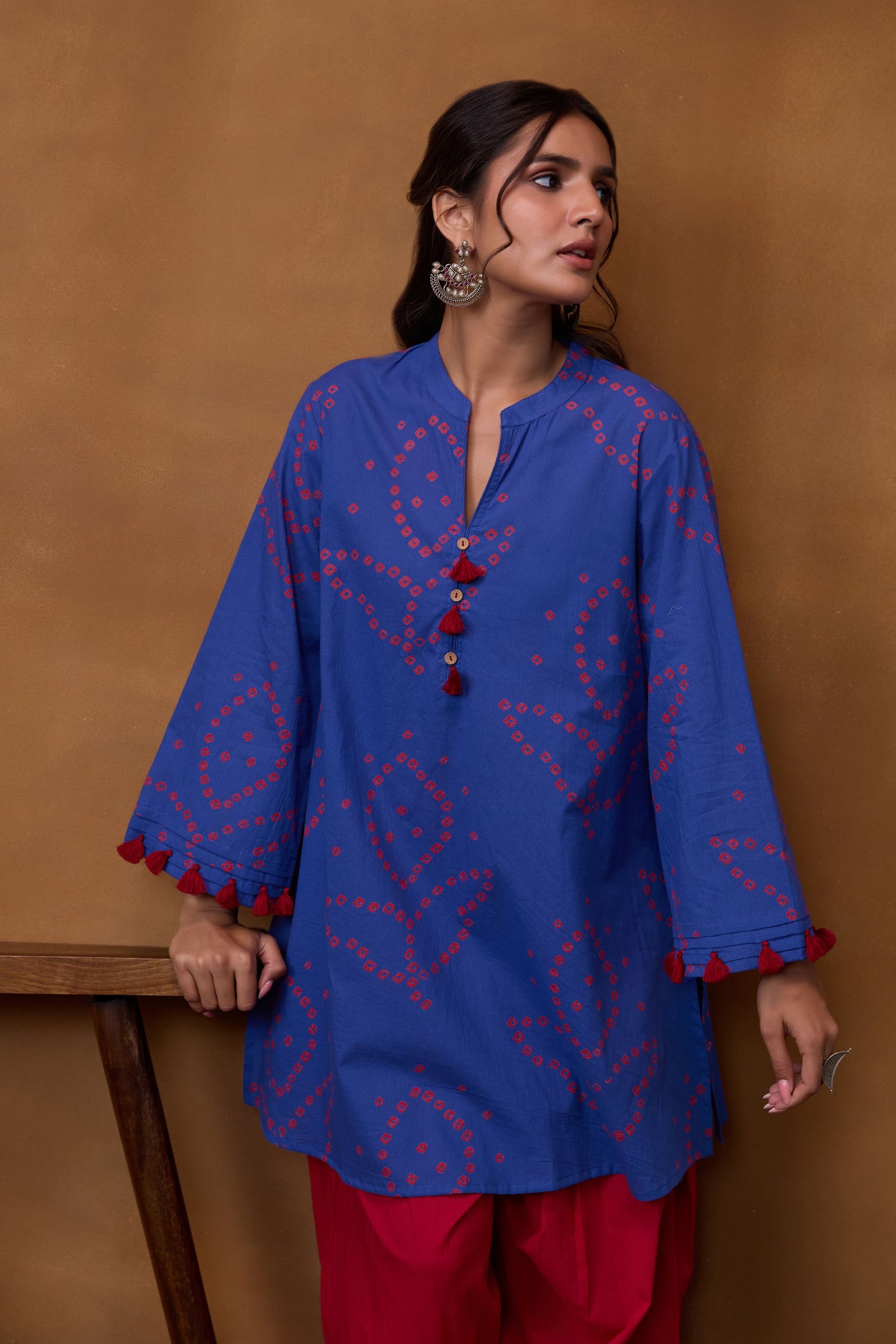 Blue Bandhani Printed Kurta & Red Farsi Salwar Co-ord Set