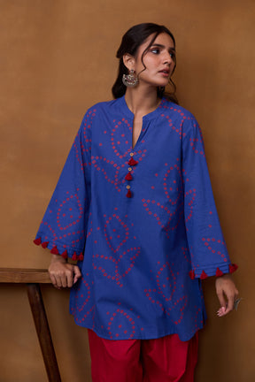 Blue Bandhani Printed Kurta & Red Farsi Salwar Co-ord Set