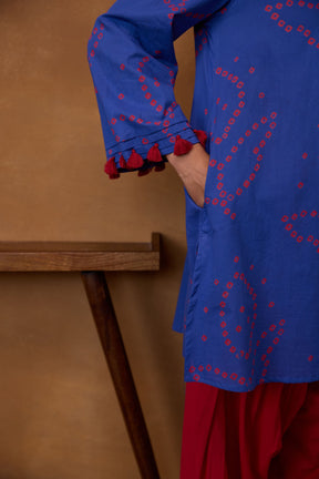 Blue Bandhani Printed Kurta & Red Farsi Salwar Co-ord Set