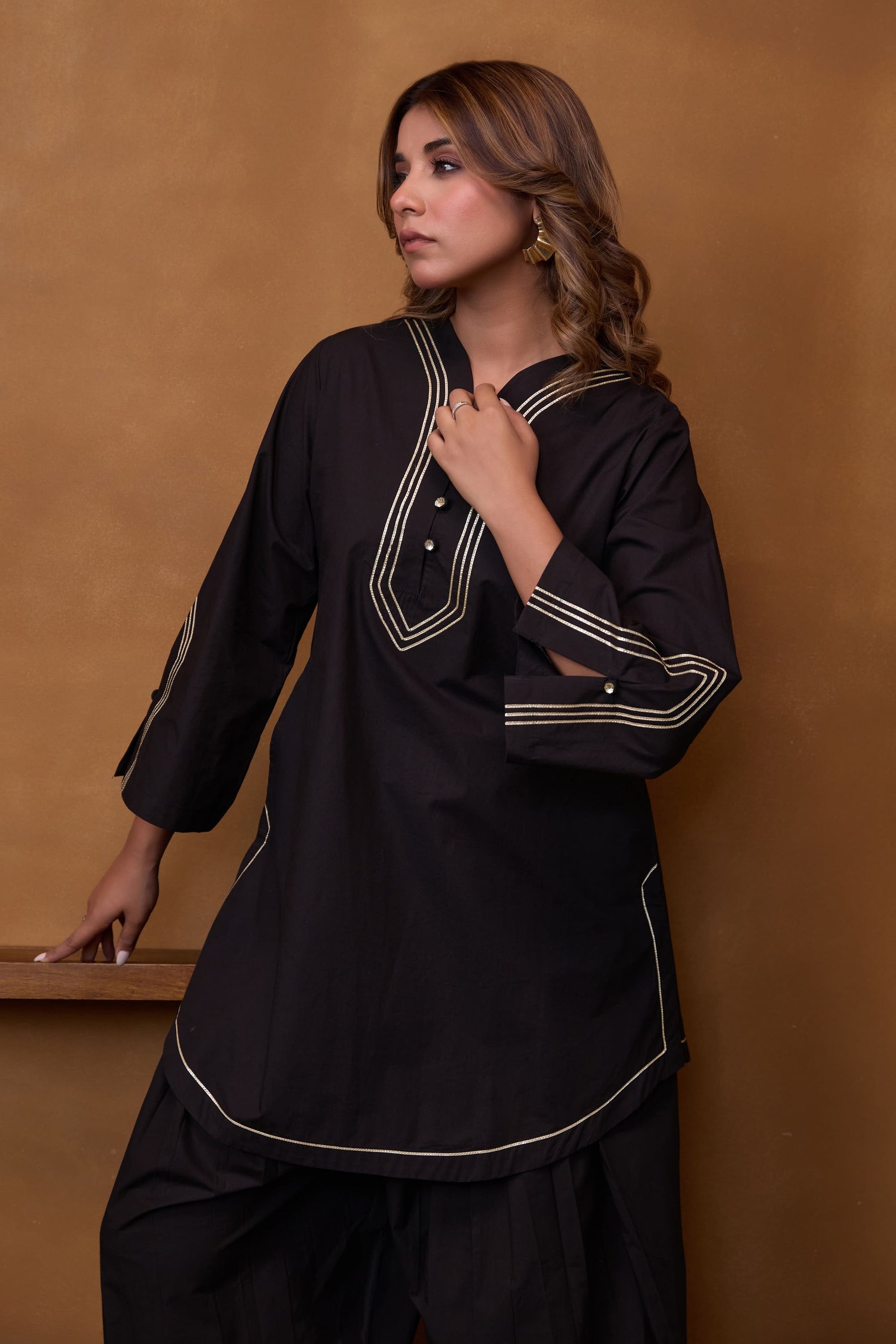Black Gota Piped Farsi Salwar Co-ord Set