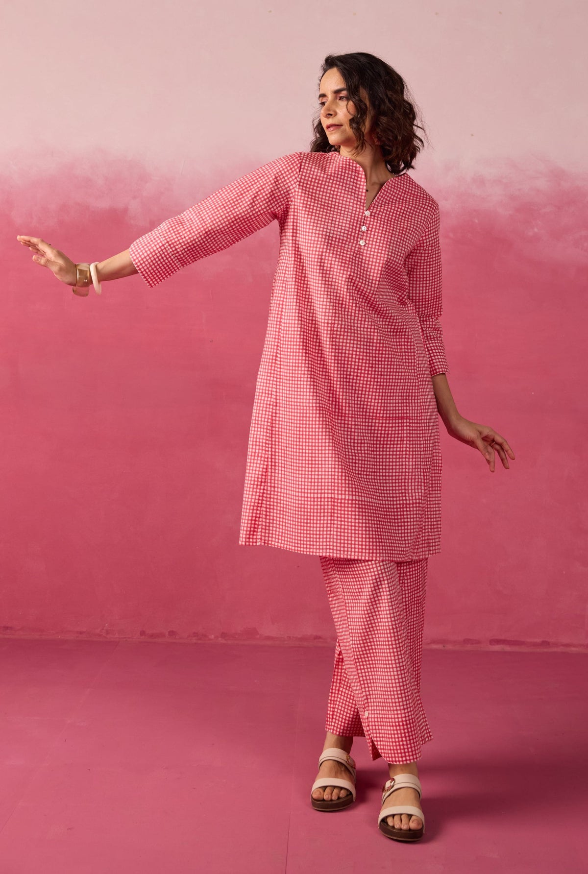 Pink Gingham Check Printed Cotton Co-ord Set