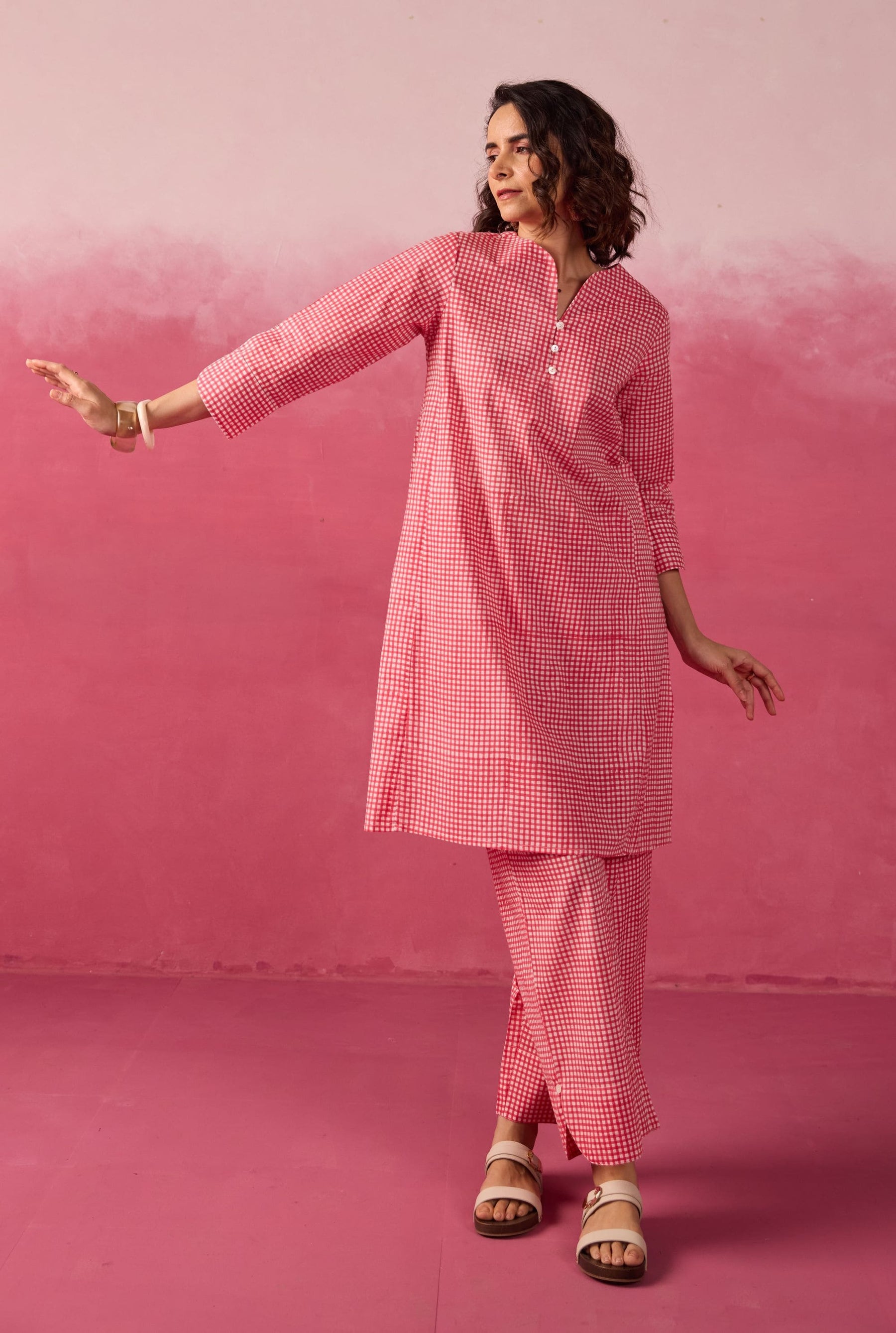 Pink Gingham Check Printed Cotton Co-ord Set
