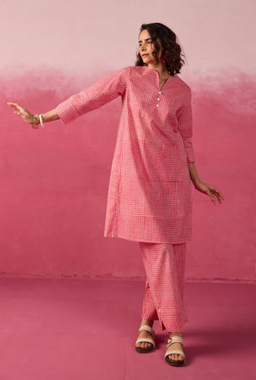 Pink Gingham Check Printed Cotton Co-ord Set