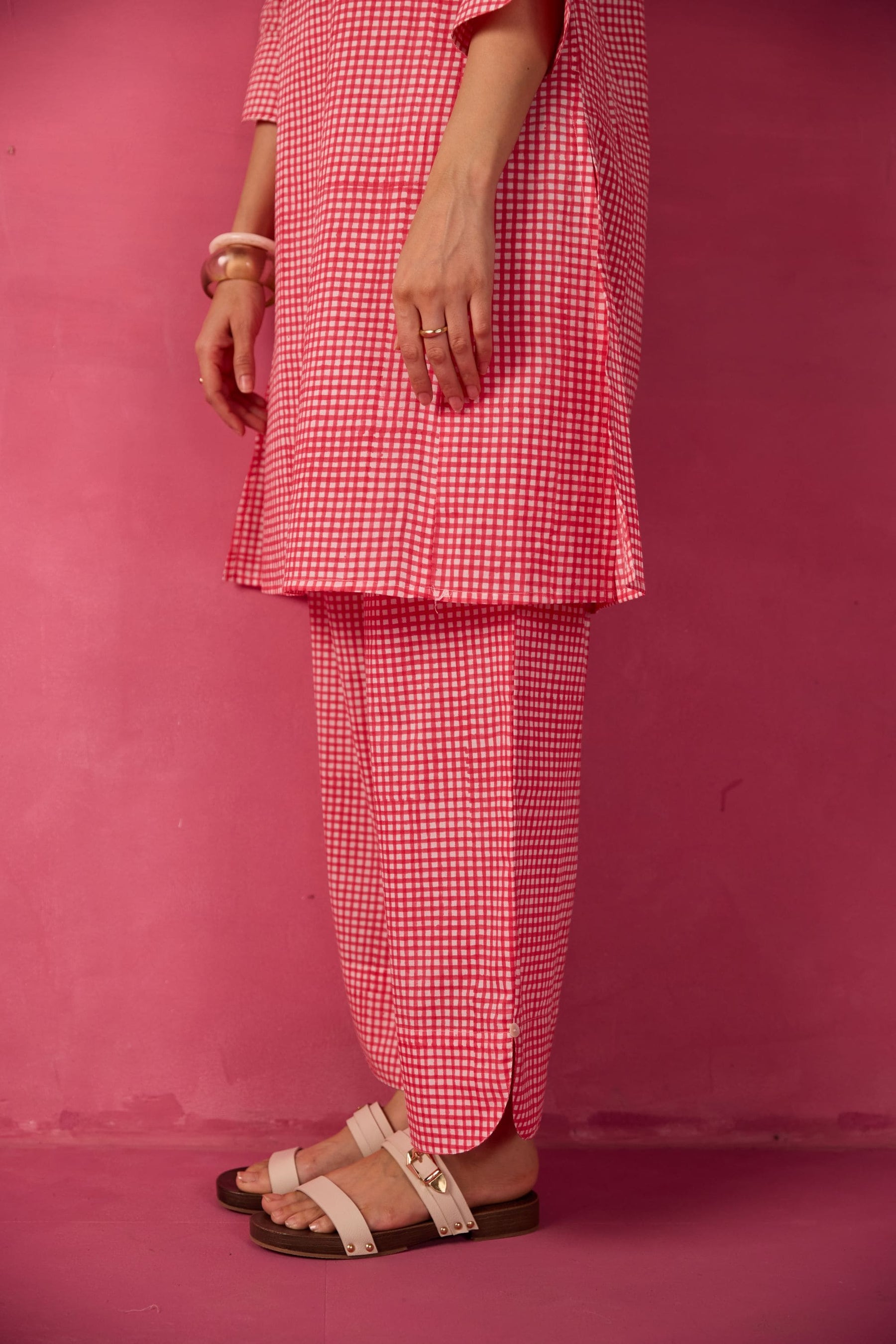 Pink Gingham Check Printed Cotton Co-ord Set