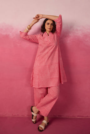 Pink Gingham Check Printed Cotton Co-ord Set