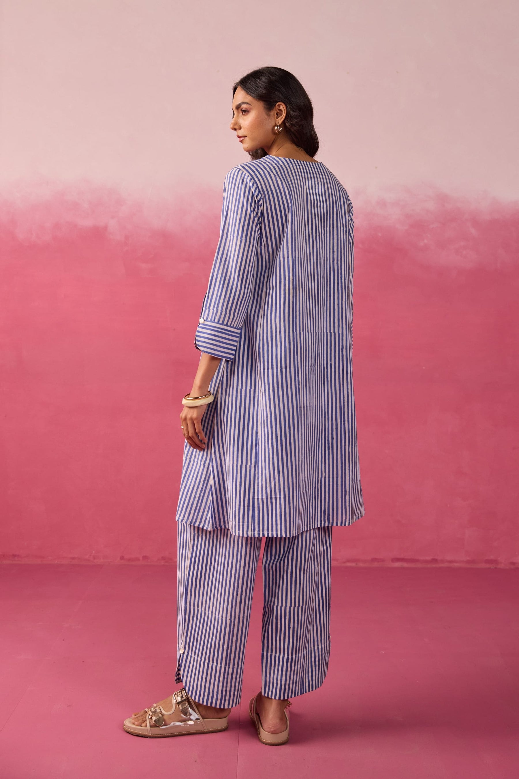 Blue & White Stripe Hand Block Printed Cotton Co-ord Set