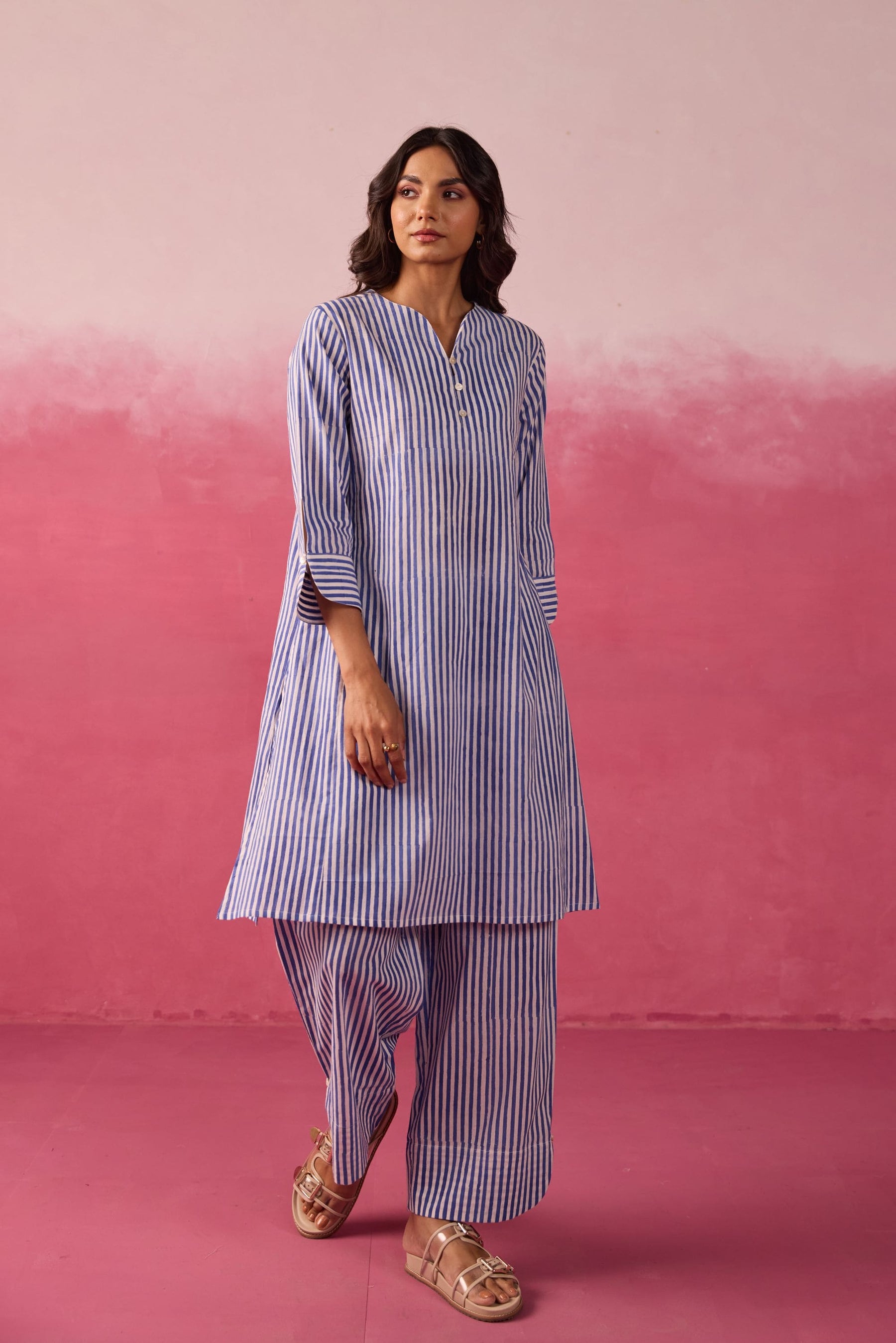 Blue & White Stripe Hand Block Printed Cotton Co-ord Set