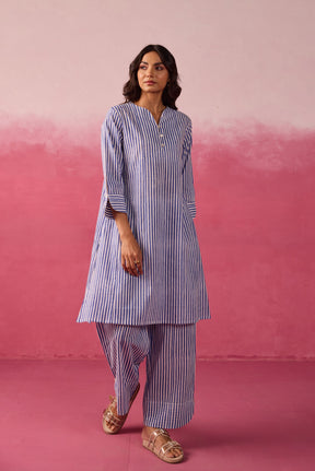 Blue & White Stripe Hand Block Printed Cotton Co-ord Set
