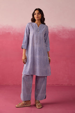 Blue & White Stripe Hand Block Printed Cotton Co-ord Set