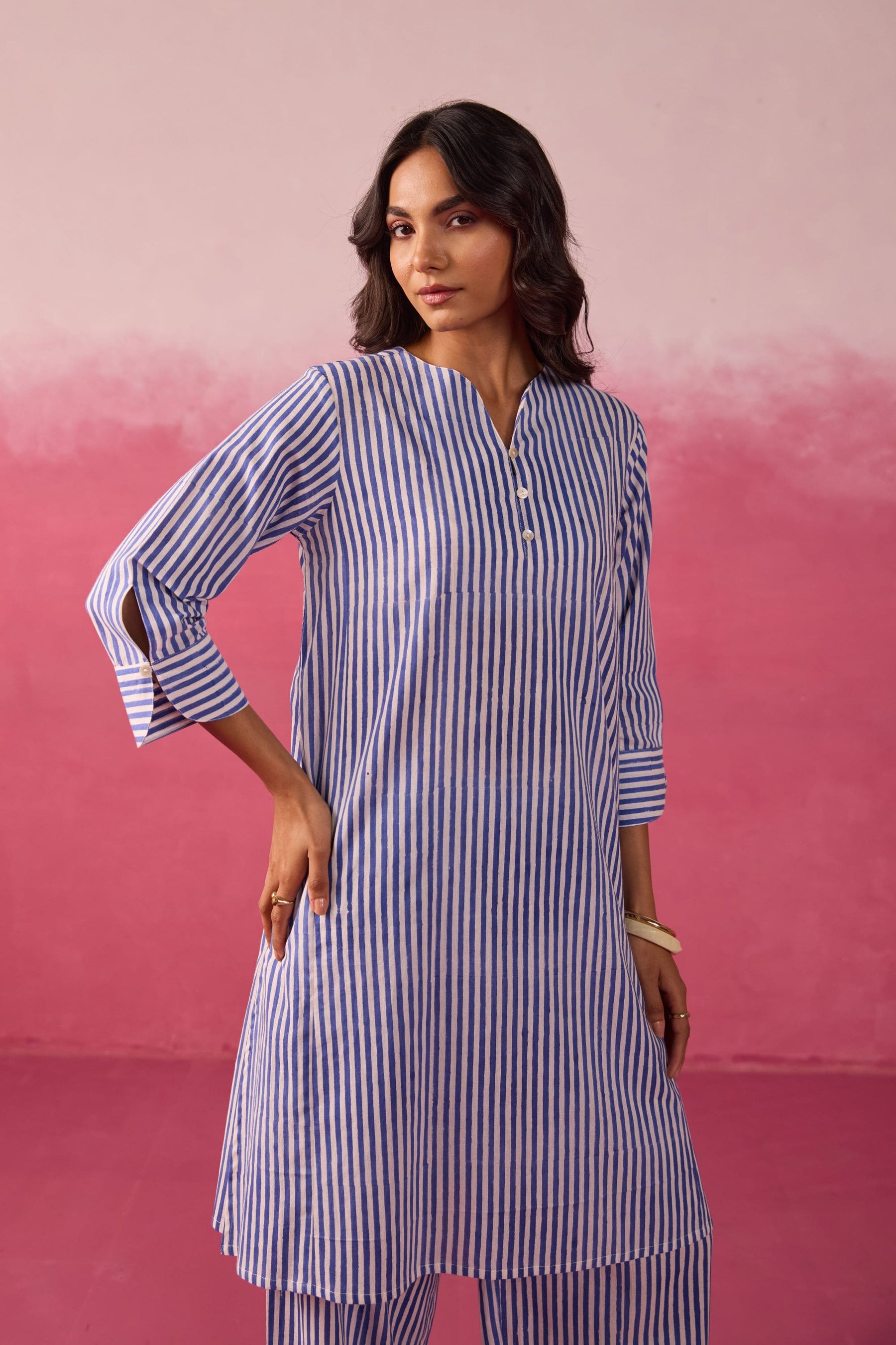 Blue & White Stripe Hand Block Printed Cotton Co-ord Set