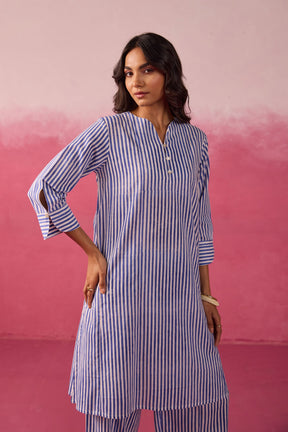 Blue & White Stripe Hand Block Printed Cotton Co-ord Set