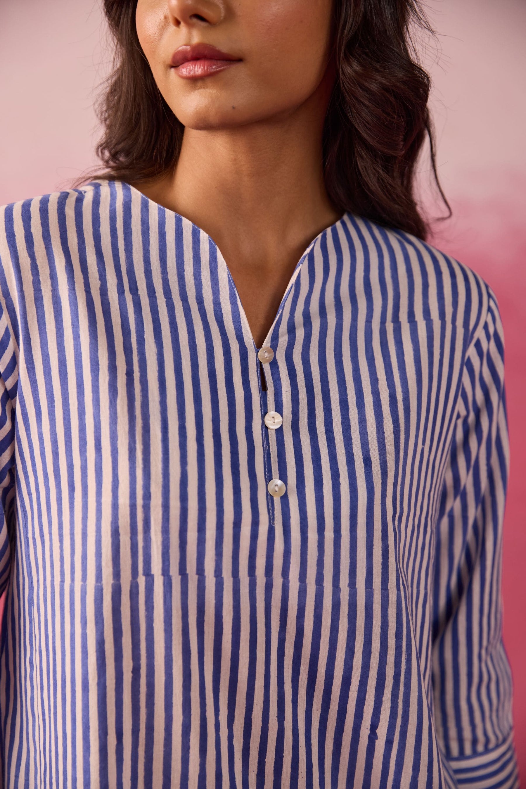 Blue & White Stripe Hand Block Printed Cotton Co-ord Set