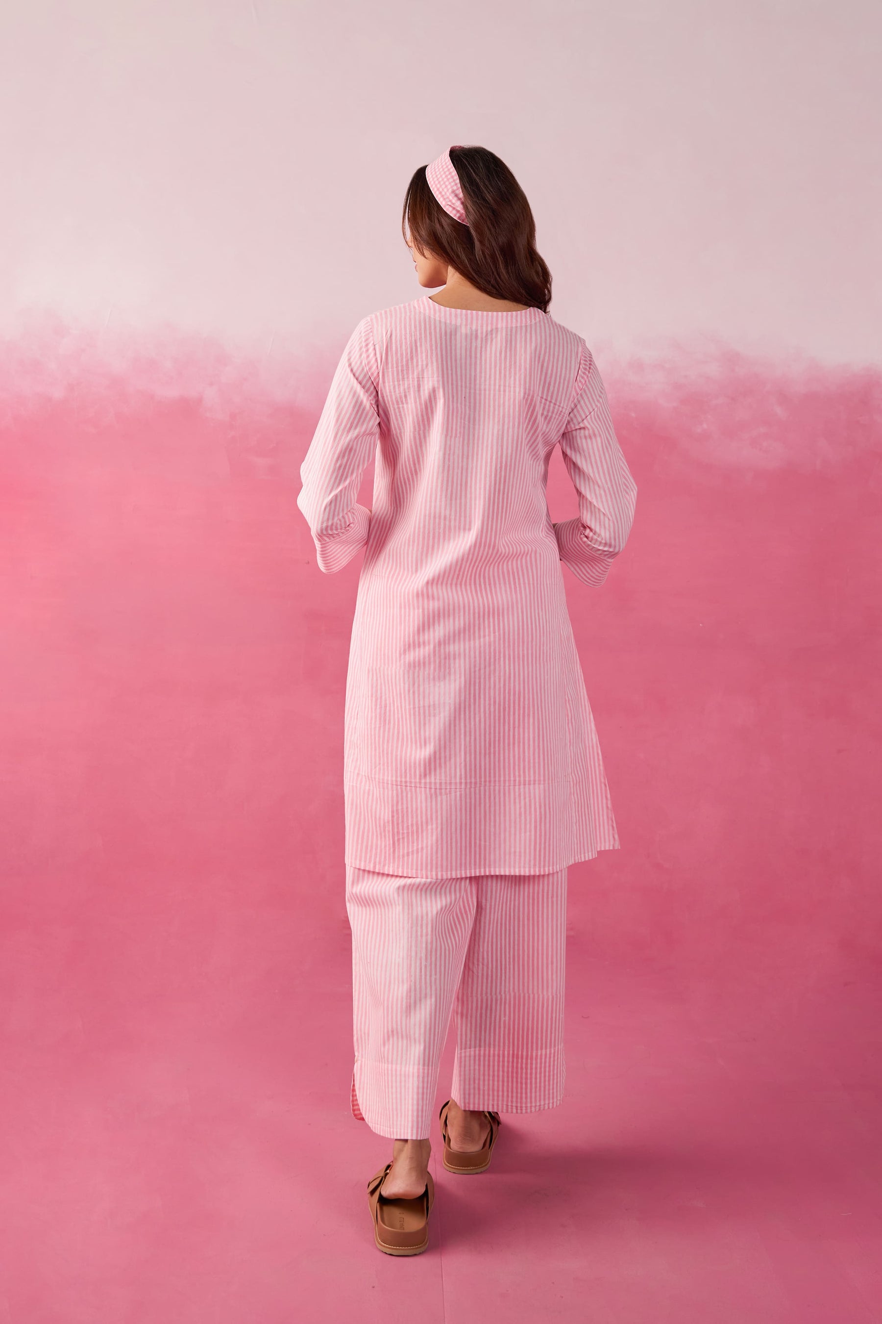 Pink & White Stripe Hand Block Printed Cotton Co-ord Set