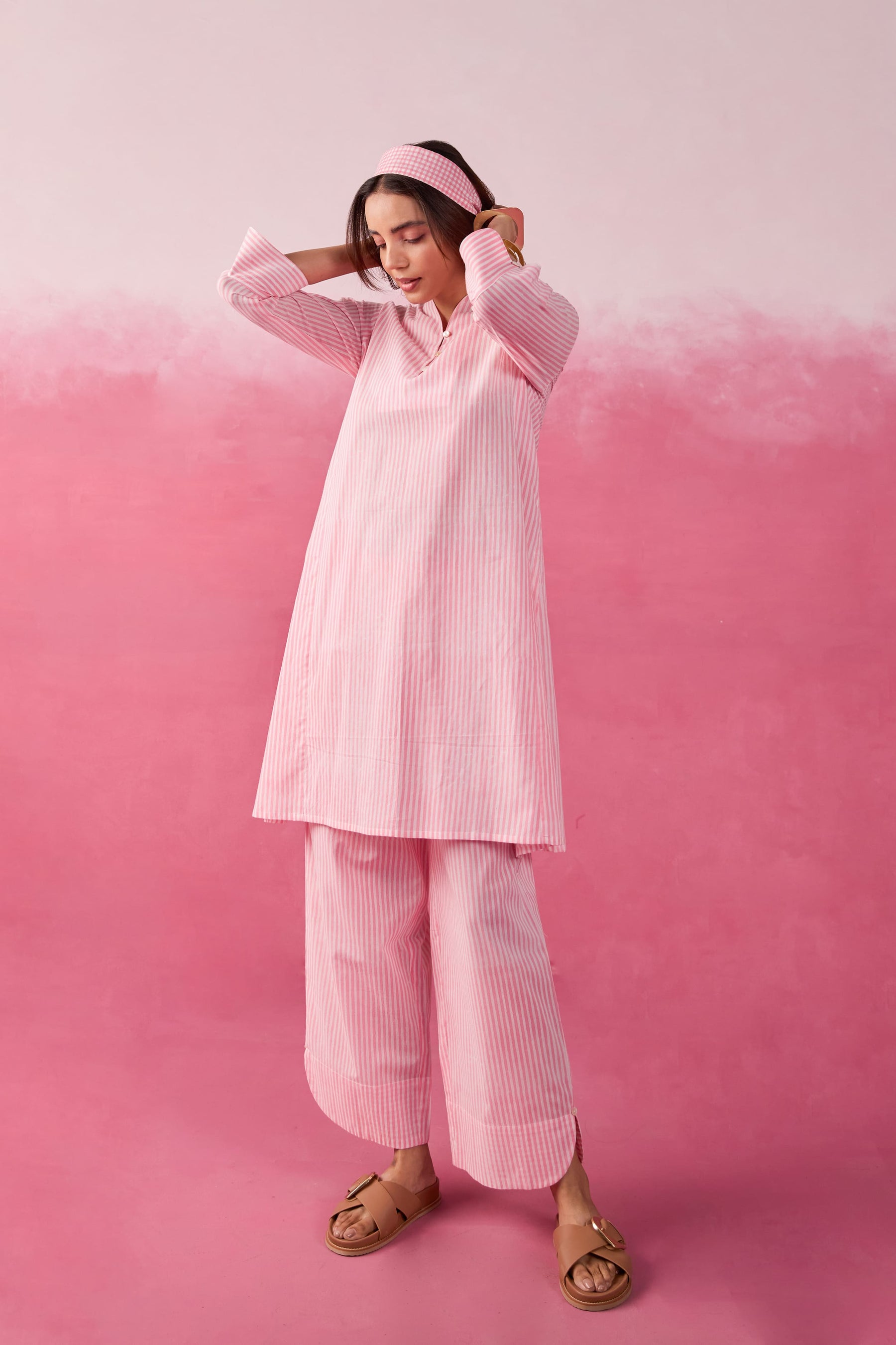 Pink & White Stripe Hand Block Printed Cotton Co-ord Set