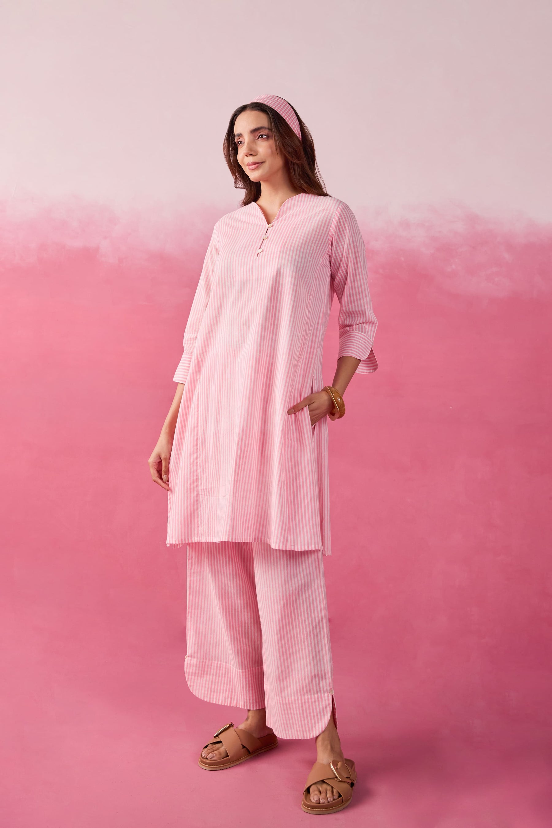 Pink & White Stripe Hand Block Printed Cotton Co-ord Set