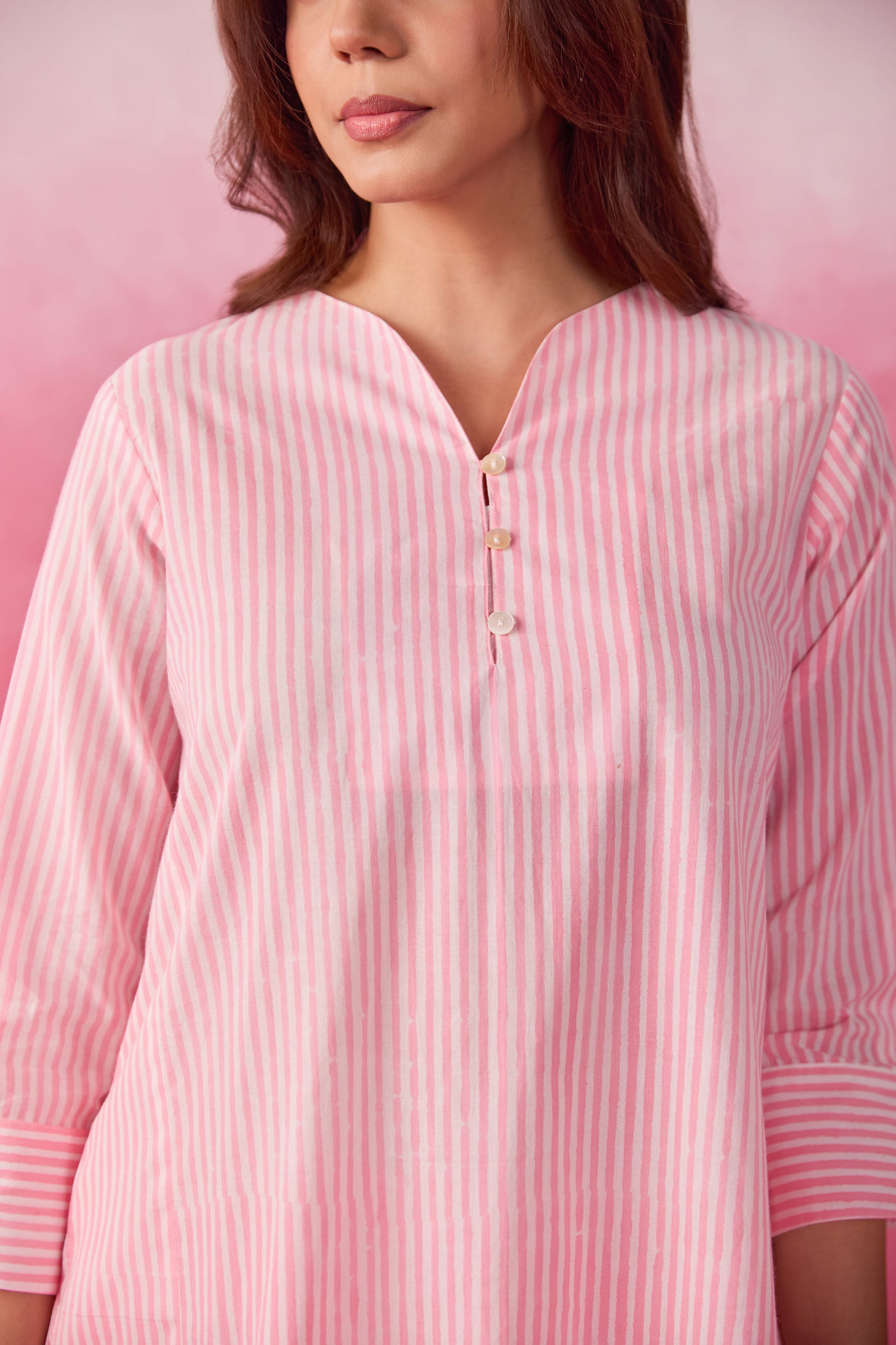 Pink & White Stripe Hand Block Printed Cotton Co-ord Set