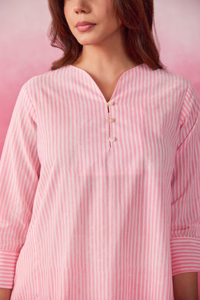 Pink & White Stripe Hand Block Printed Cotton Co-ord Set