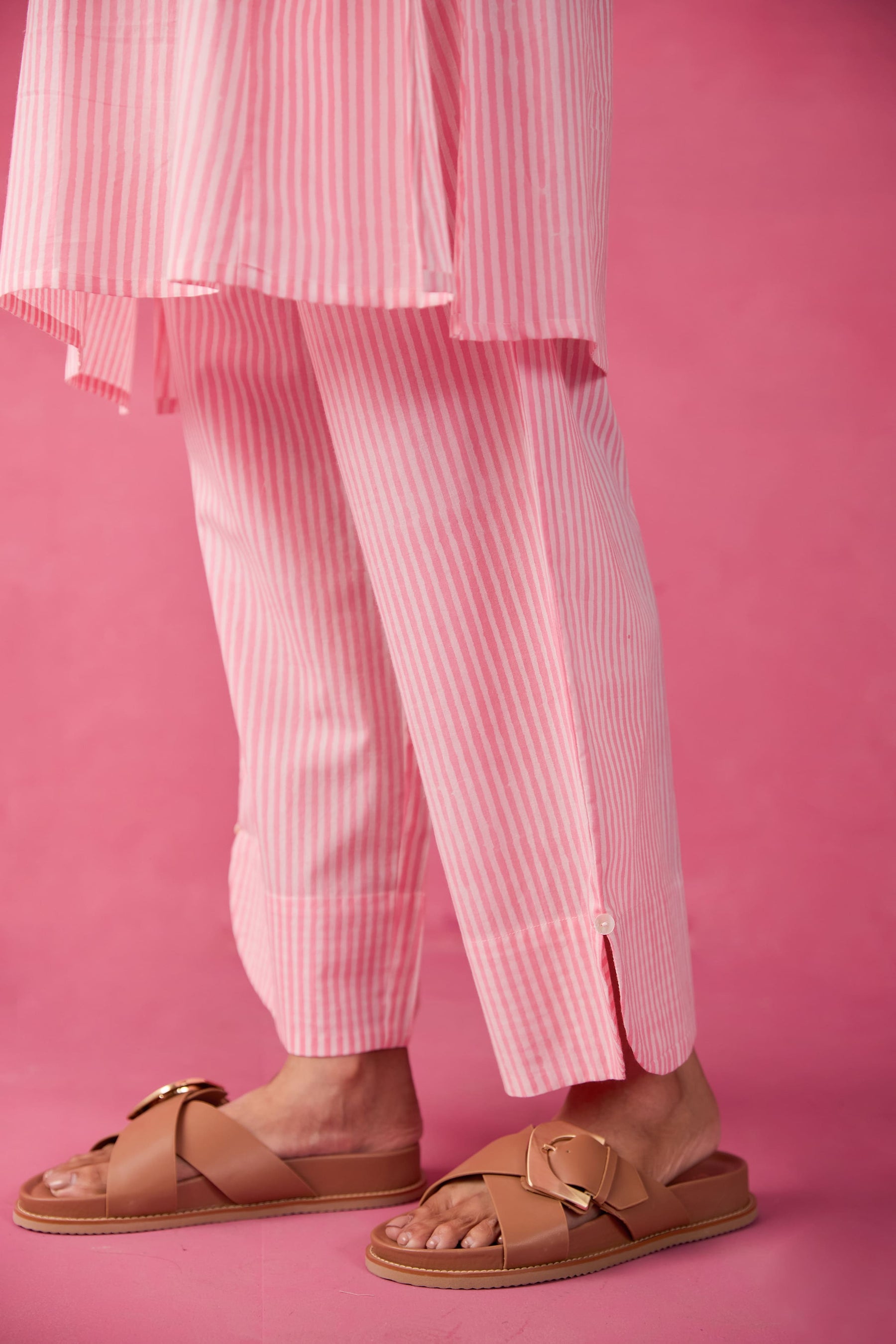 Pink & White Stripe Hand Block Printed Cotton Co-ord Set