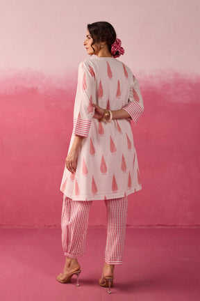 Ivory-Pink Leaf & Check Hand Block Printed Co-ord Set