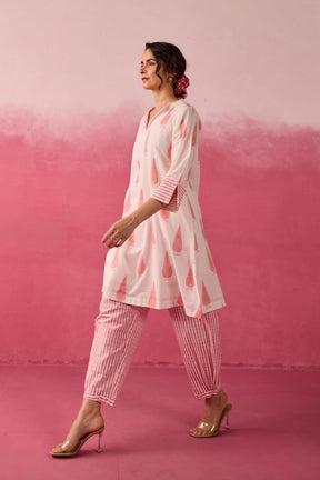 Ivory-Pink Leaf & Check Hand Block Printed Co-ord Set