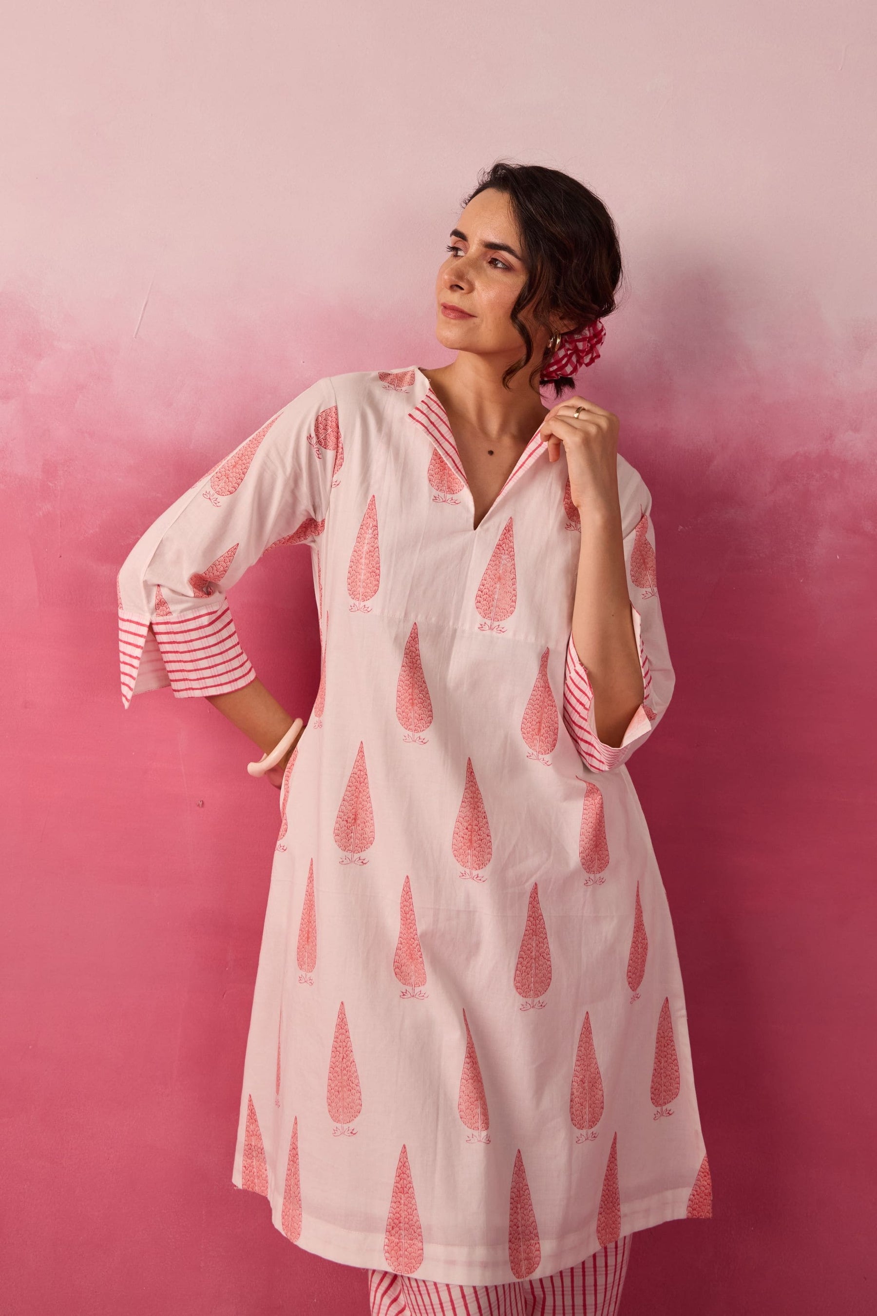 Ivory-Pink Leaf & Check Hand Block Printed Co-ord Set