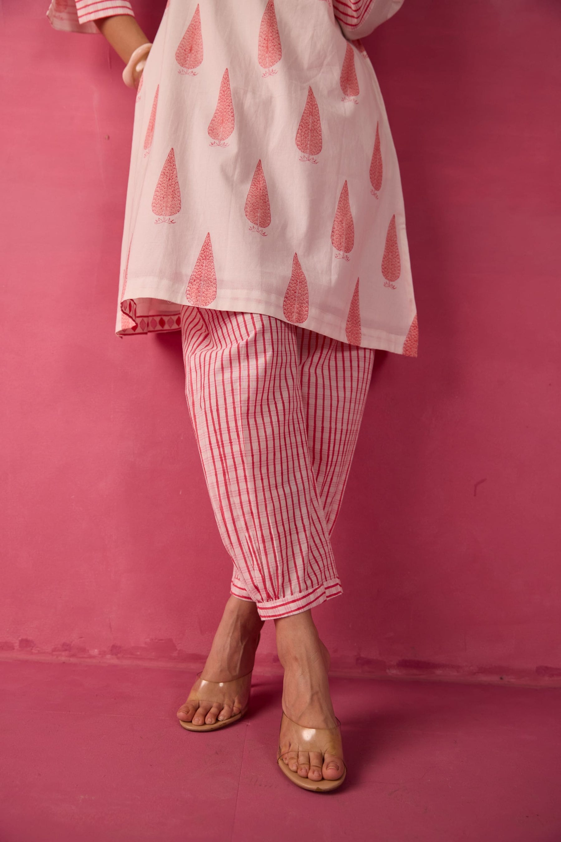 Ivory-Pink Leaf & Check Hand Block Printed Co-ord Set