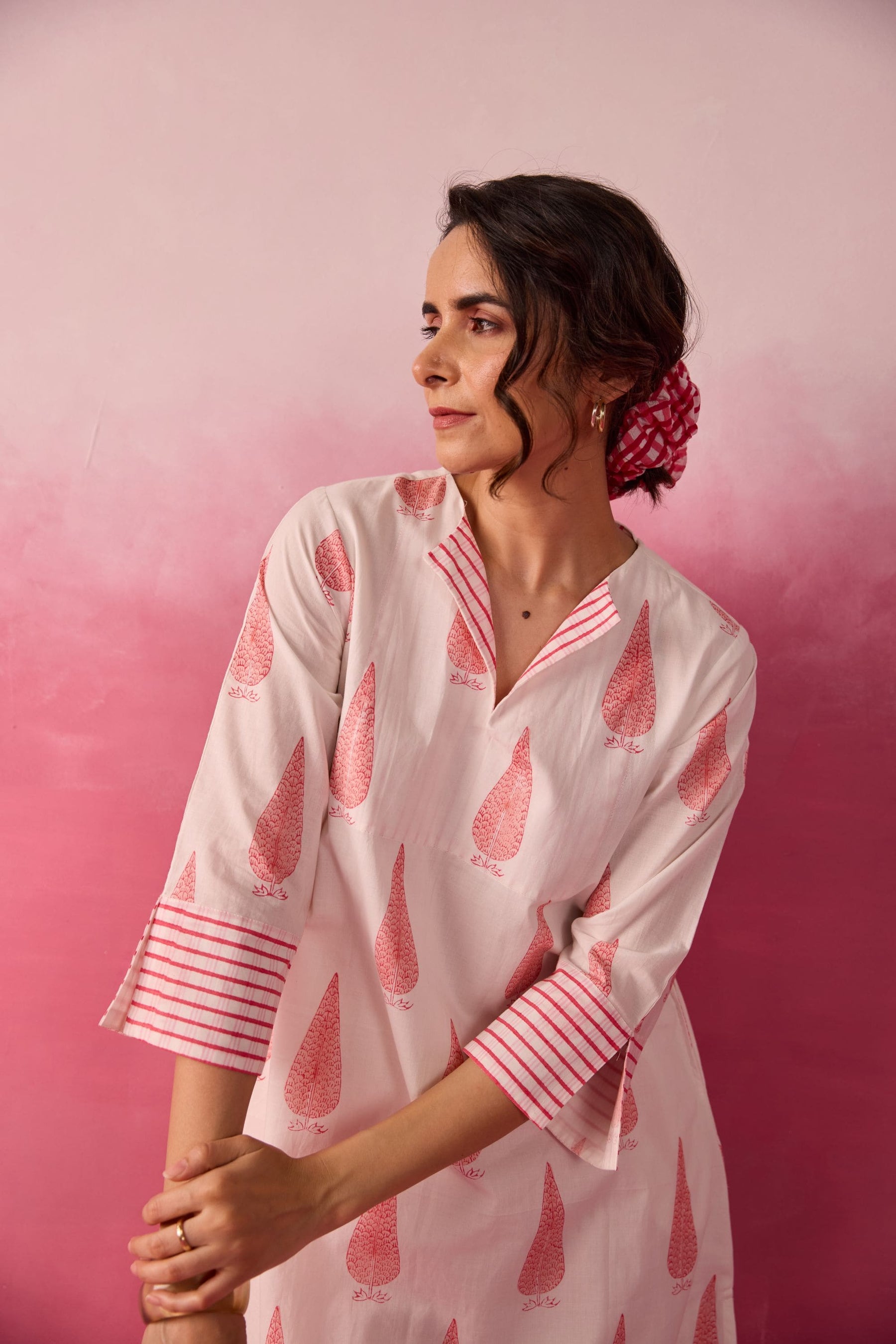 Ivory-Pink Leaf & Check Hand Block Printed Co-ord Set