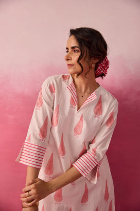Ivory-Pink Leaf & Check Hand Block Printed Co-ord Set