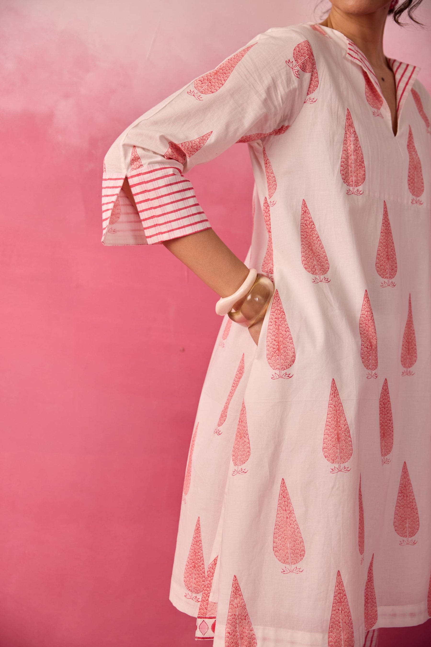 Ivory-Pink Leaf & Check Hand Block Printed Co-ord Set