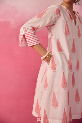 Ivory-Pink Leaf & Check Hand Block Printed Co-ord Set