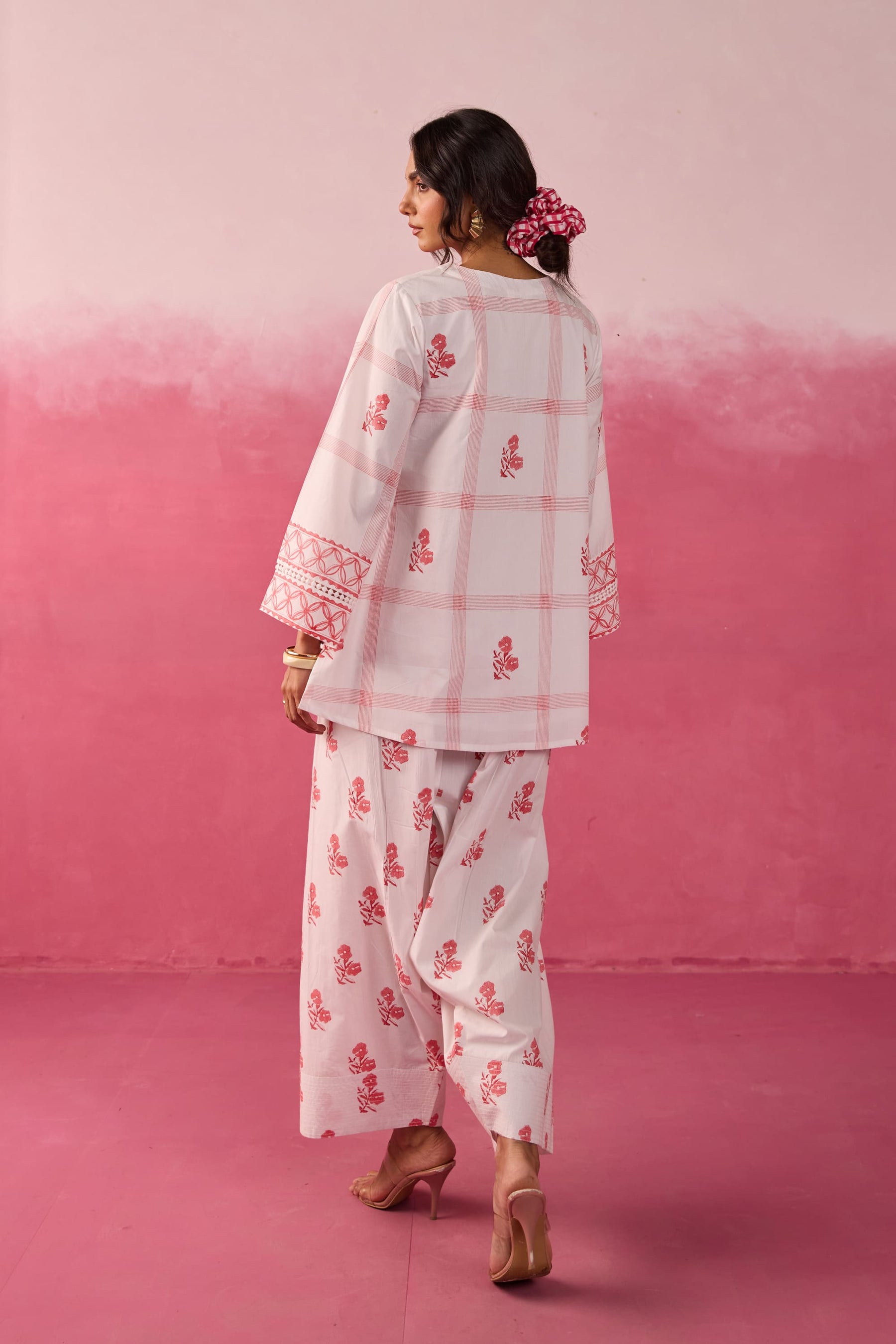 White & Red Check Floral Hand Block Printed Co-ord Set