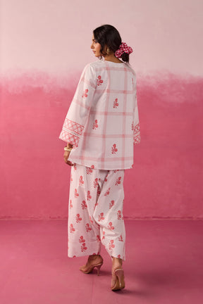 White & Red Check Floral Hand Block Printed Co-ord Set