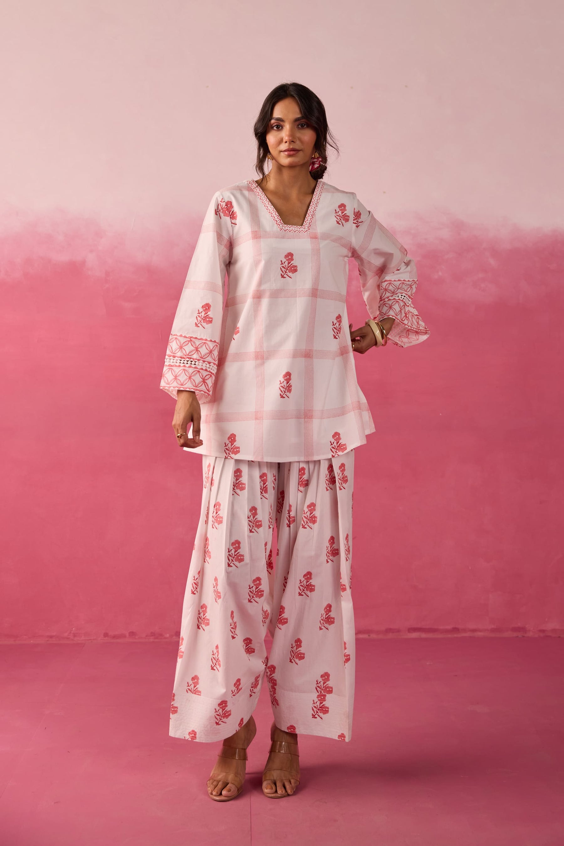 White & Red Check Floral Hand Block Printed Co-ord Set