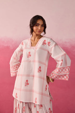 White & Red Check Floral Hand Block Printed Co-ord Set