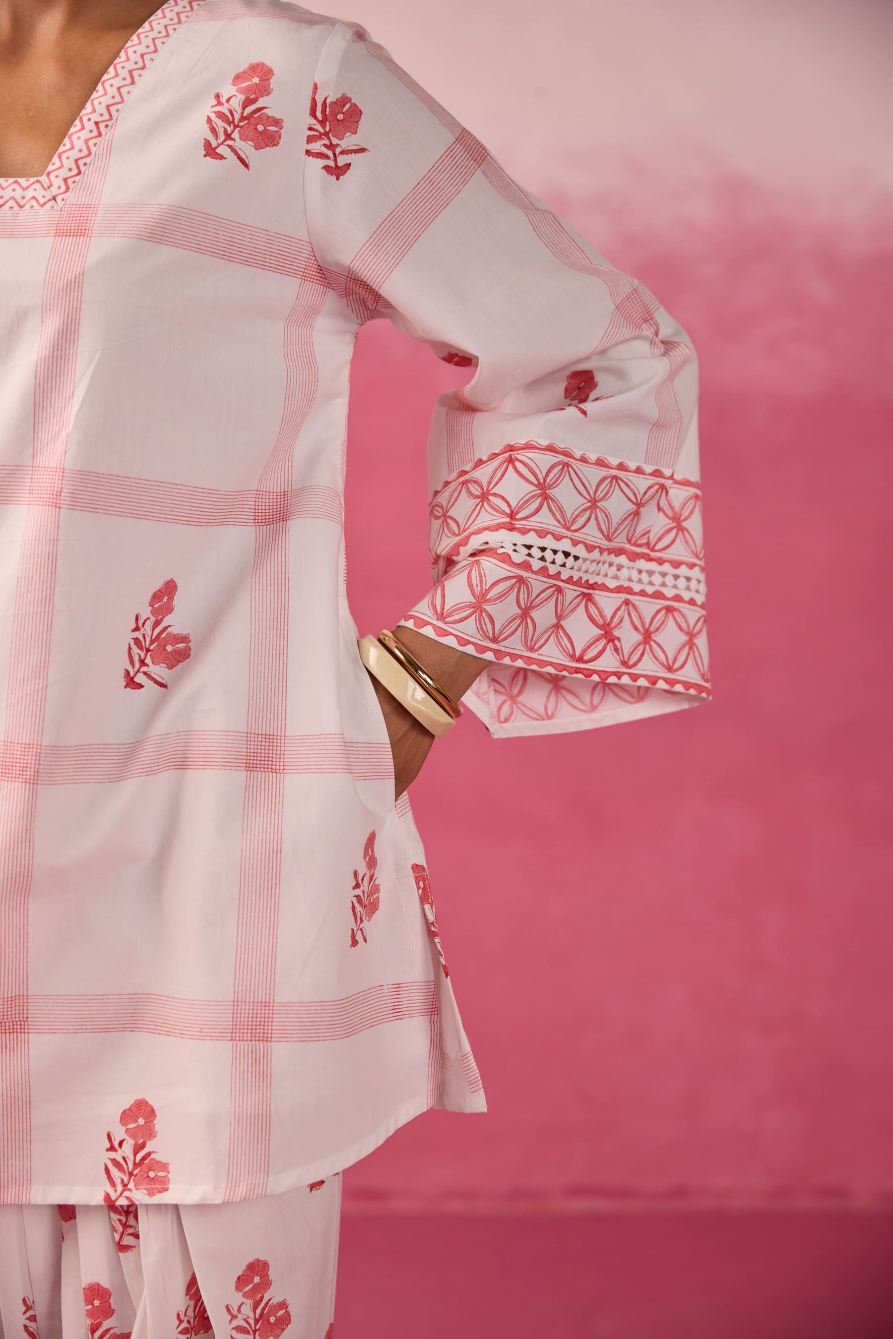 White & Red Check Floral Hand Block Printed Co-ord Set