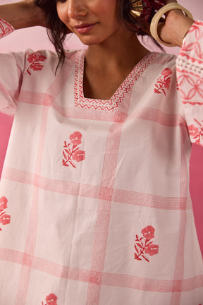 White & Red Check Floral Hand Block Printed Co-ord Set