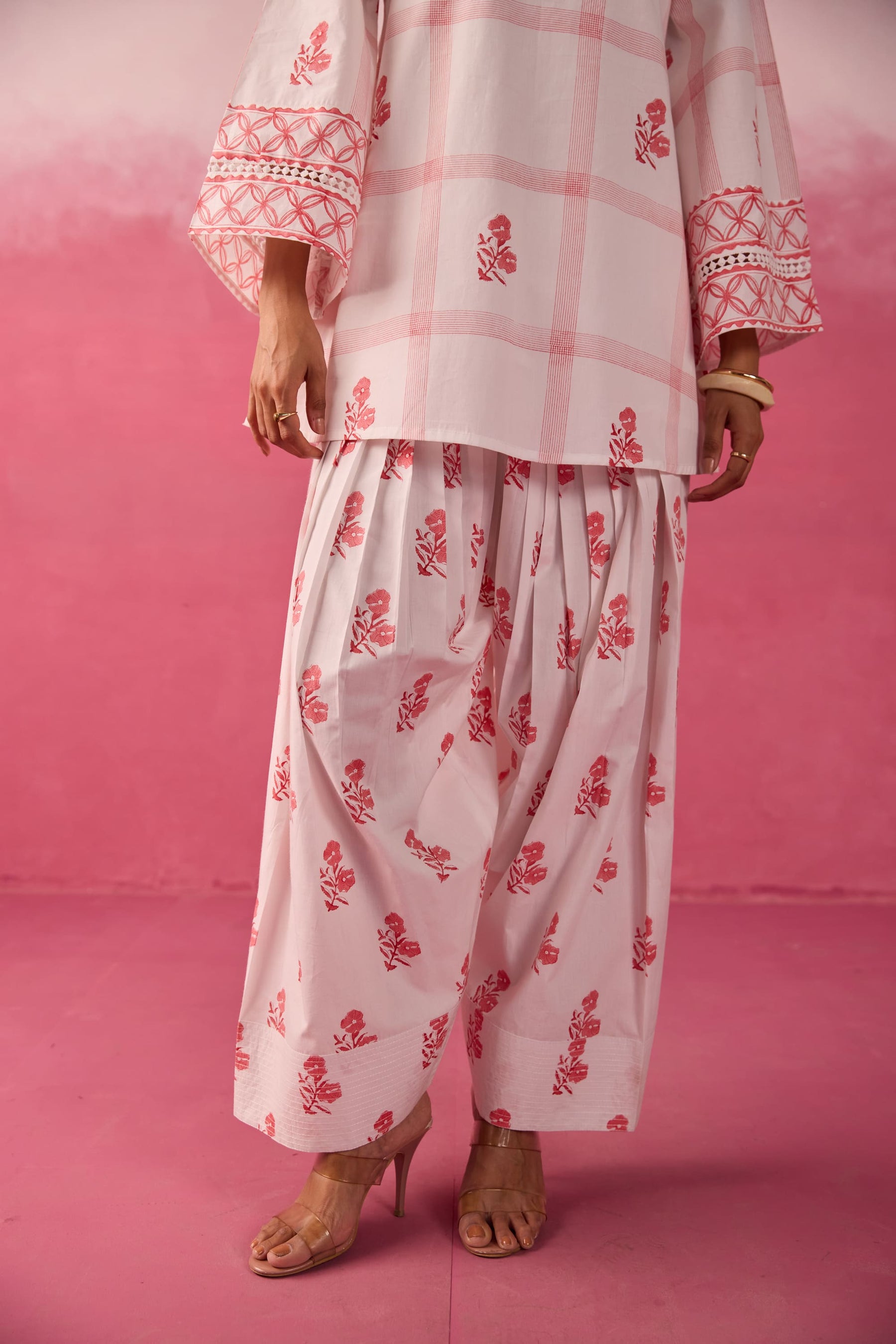 White & Red Check Floral Hand Block Printed Co-ord Set