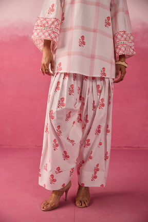 White & Red Check Floral Hand Block Printed Co-ord Set