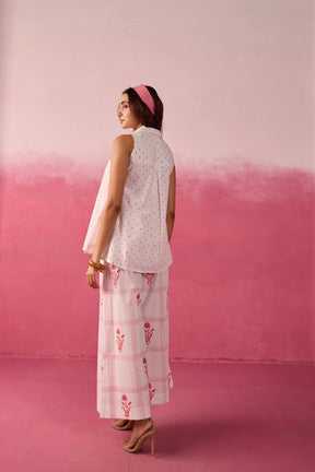 Red Polka Dot & Floral Check Sleeveless Hand Block Printed Co-ord Set