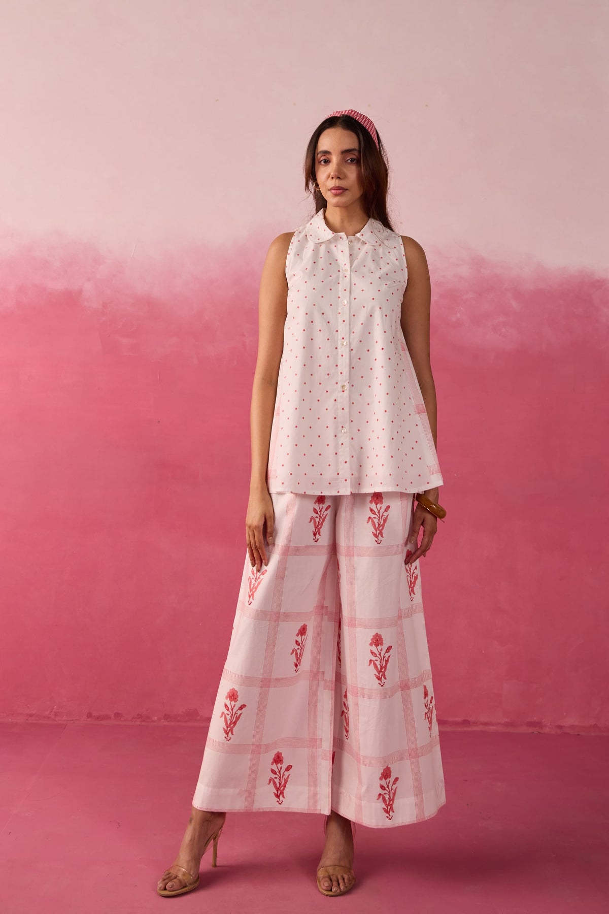 Red Polka Dot & Floral Check Sleeveless Hand Block Printed Co-ord Set