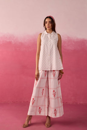 Red Polka Dot & Floral Check Sleeveless Hand Block Printed Co-ord Set
