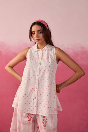 Red Polka Dot & Floral Check Sleeveless Hand Block Printed Co-ord Set