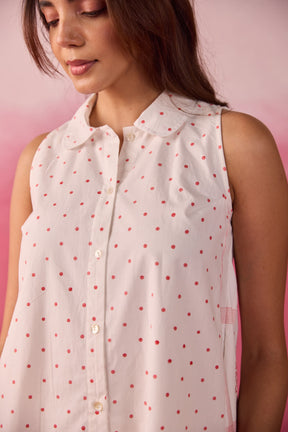 Red Polka Dot & Floral Check Sleeveless Hand Block Printed Co-ord Set