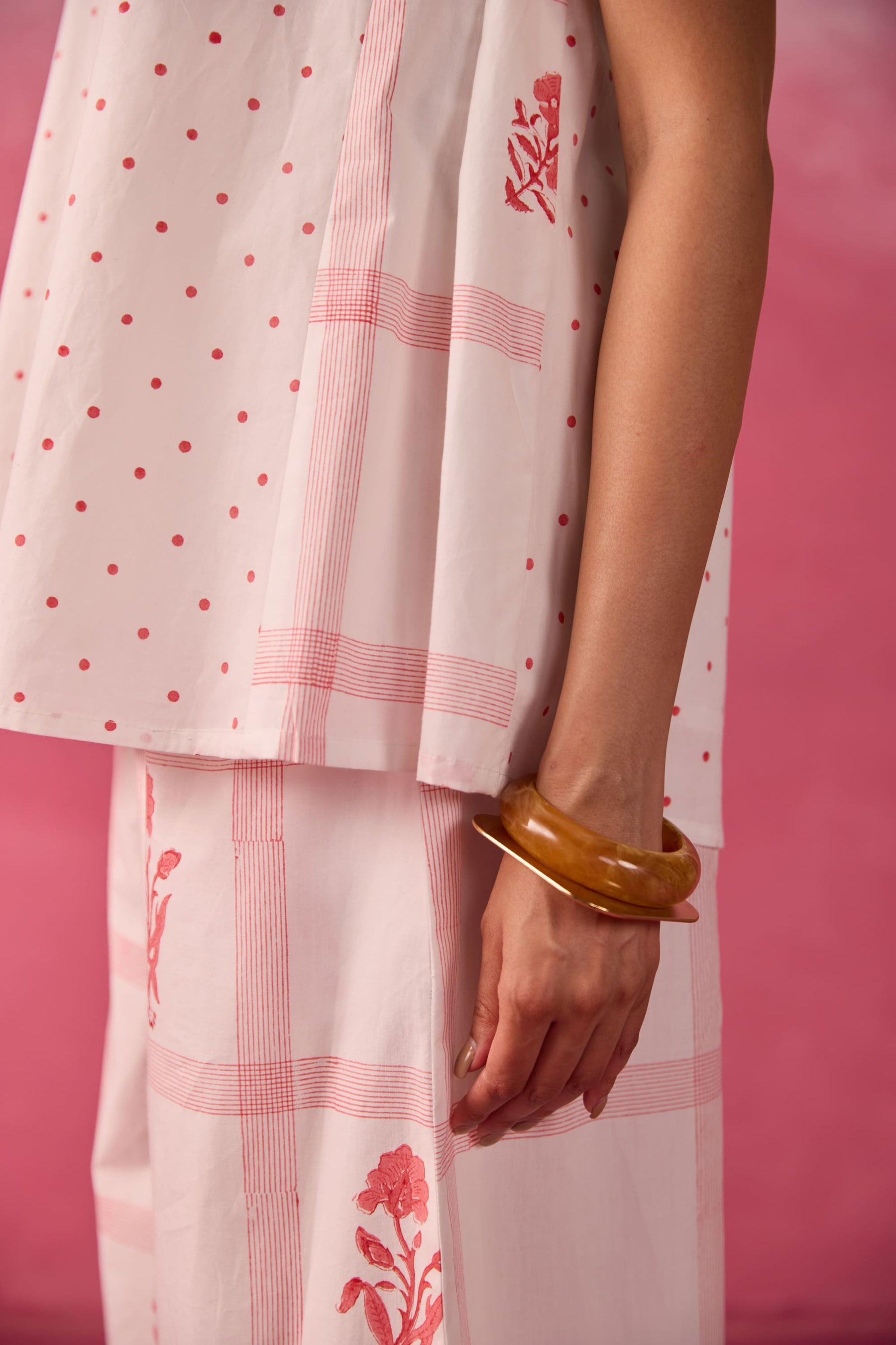 Red Polka Dot & Floral Check Sleeveless Hand Block Printed Co-ord Set