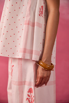Red Polka Dot & Floral Check Sleeveless Hand Block Printed Co-ord Set
