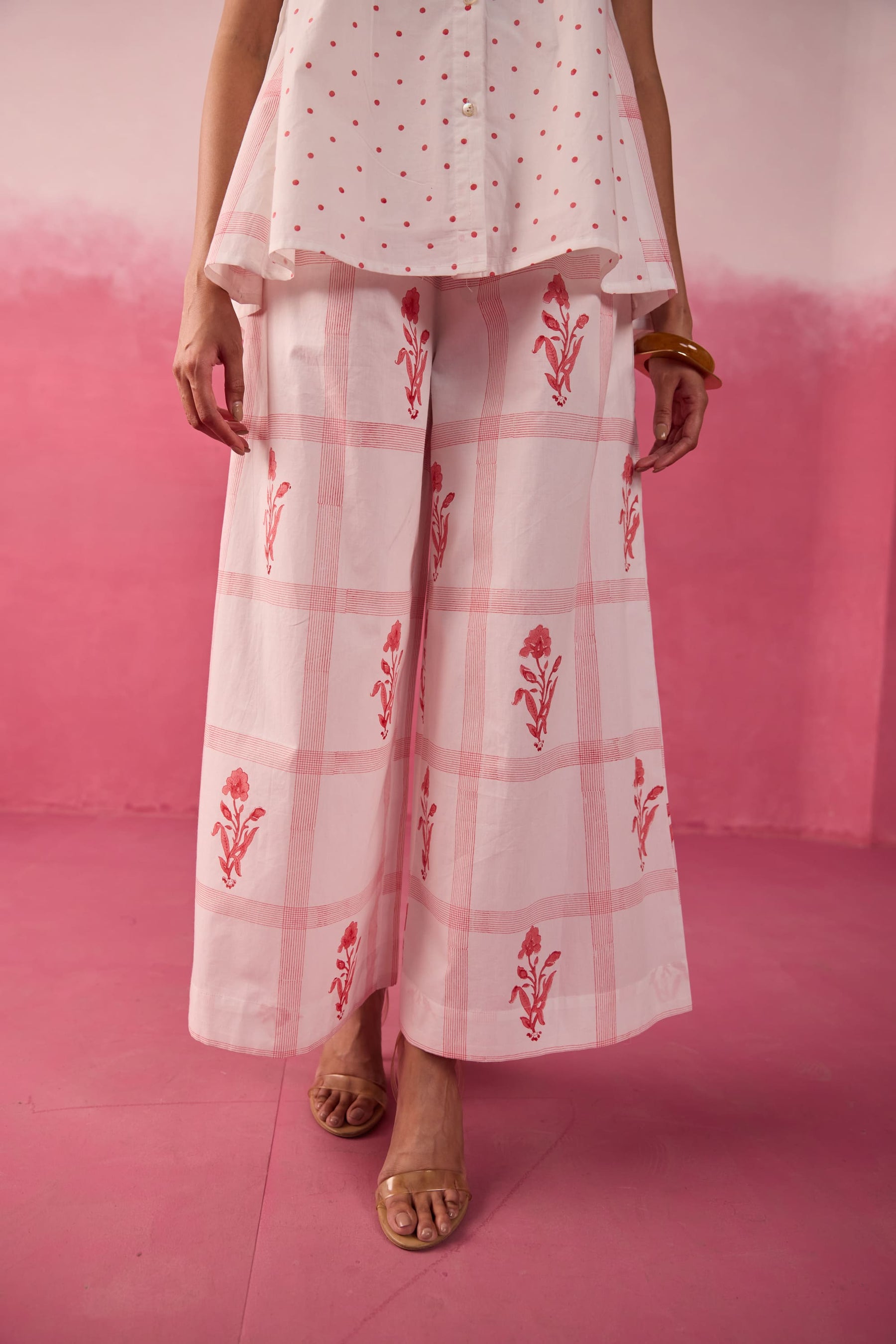 Red Polka Dot & Floral Check Sleeveless Hand Block Printed Co-ord Set