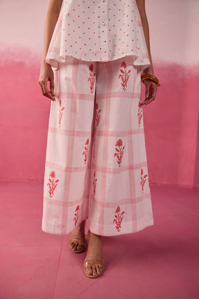 Red Polka Dot & Floral Check Sleeveless Hand Block Printed Co-ord Set